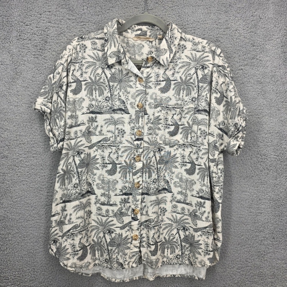 Soft Surroundings Tropical Peacock Print Button Up Linen Blend Shirt Medium‎